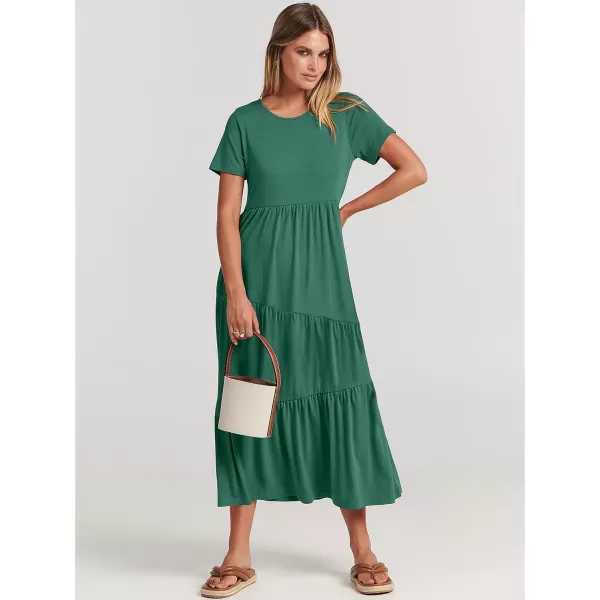 imageANRABESS Womens Summer Casual Short Sleeve Crewneck Swing Maxi Dress Flowy Asymmetric Tiered Beach Dress with PocketsGreen