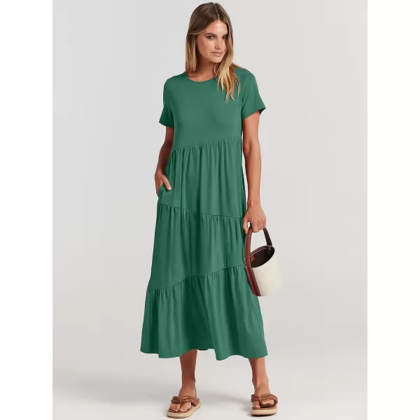 imageANRABESS Womens Summer Casual Short Sleeve Crewneck Swing Maxi Dress Flowy Asymmetric Tiered Beach Dress with PocketsGreen