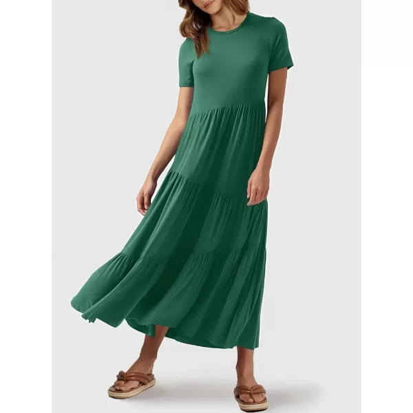 imageANRABESS Womens Summer Casual Short Sleeve Crewneck Swing Maxi Dress Flowy Asymmetric Tiered Beach Dress with PocketsGreen
