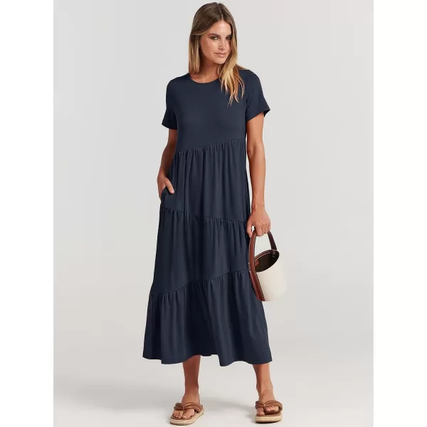 imageANRABESS Womens Summer Casual Short Sleeve Crewneck Swing Maxi Dress Flowy Asymmetric Tiered Beach Dress with PocketsNavy Blue