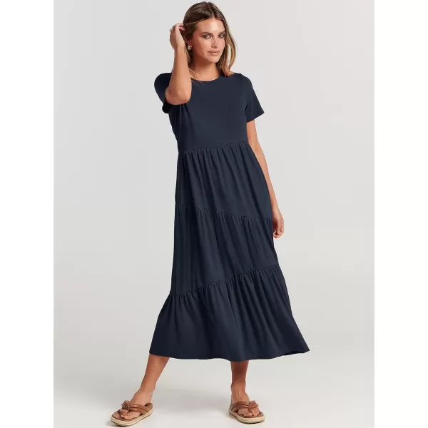 imageANRABESS Womens Summer Casual Short Sleeve Crewneck Swing Maxi Dress Flowy Asymmetric Tiered Beach Dress with PocketsNavy Blue