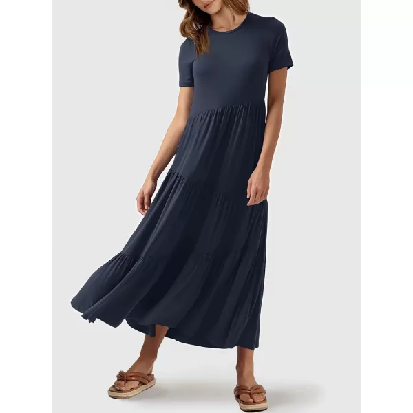 imageANRABESS Womens Summer Casual Short Sleeve Crewneck Swing Maxi Dress Flowy Asymmetric Tiered Beach Dress with PocketsNavy Blue