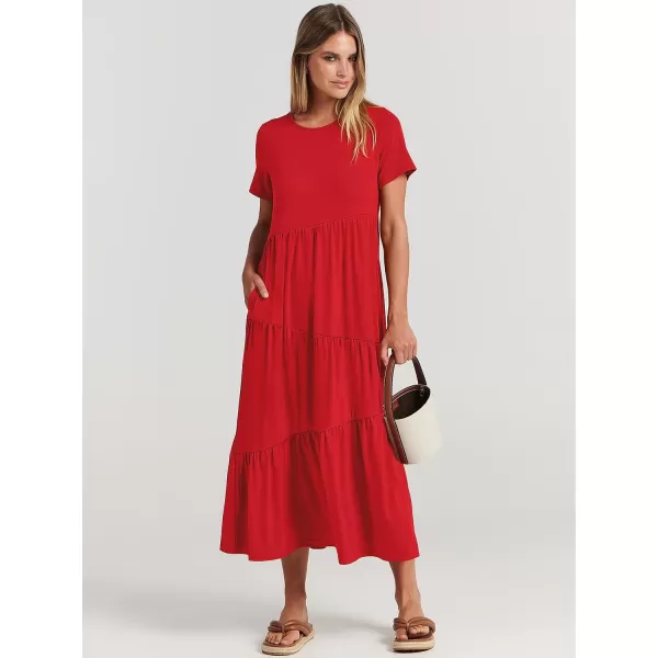 imageANRABESS Womens Summer Casual Short Sleeve Crewneck Swing Maxi Dress Flowy Asymmetric Tiered Beach Dress with PocketsRed