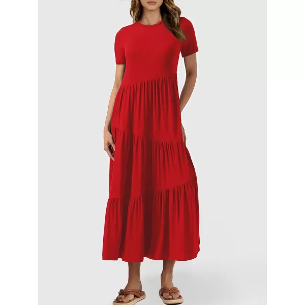 imageANRABESS Womens Summer Casual Short Sleeve Crewneck Swing Maxi Dress Flowy Asymmetric Tiered Beach Dress with PocketsRed
