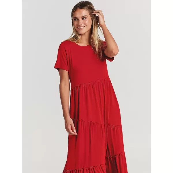 imageANRABESS Womens Summer Casual Short Sleeve Crewneck Swing Maxi Dress Flowy Asymmetric Tiered Beach Dress with PocketsRed
