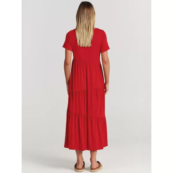 imageANRABESS Womens Summer Casual Short Sleeve Crewneck Swing Maxi Dress Flowy Asymmetric Tiered Beach Dress with PocketsRed