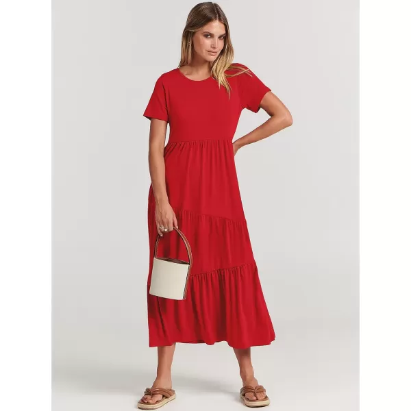 imageANRABESS Womens Summer Casual Short Sleeve Crewneck Swing Maxi Dress Flowy Asymmetric Tiered Beach Dress with PocketsRed