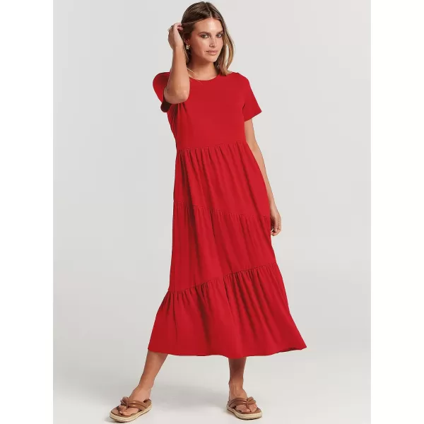 imageANRABESS Womens Summer Casual Short Sleeve Crewneck Swing Maxi Dress Flowy Asymmetric Tiered Beach Dress with PocketsRed