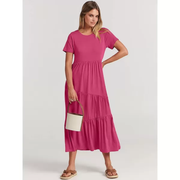 imageANRABESS Womens Summer Casual Short Sleeve Crewneck Swing Maxi Dress Flowy Asymmetric Tiered Beach Dress with PocketsRose