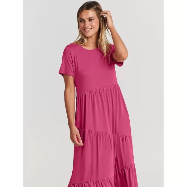imageANRABESS Womens Summer Casual Short Sleeve Crewneck Swing Maxi Dress Flowy Asymmetric Tiered Beach Dress with PocketsRose