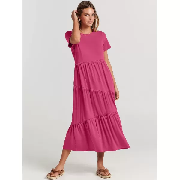 imageANRABESS Womens Summer Casual Short Sleeve Crewneck Swing Maxi Dress Flowy Asymmetric Tiered Beach Dress with PocketsRose
