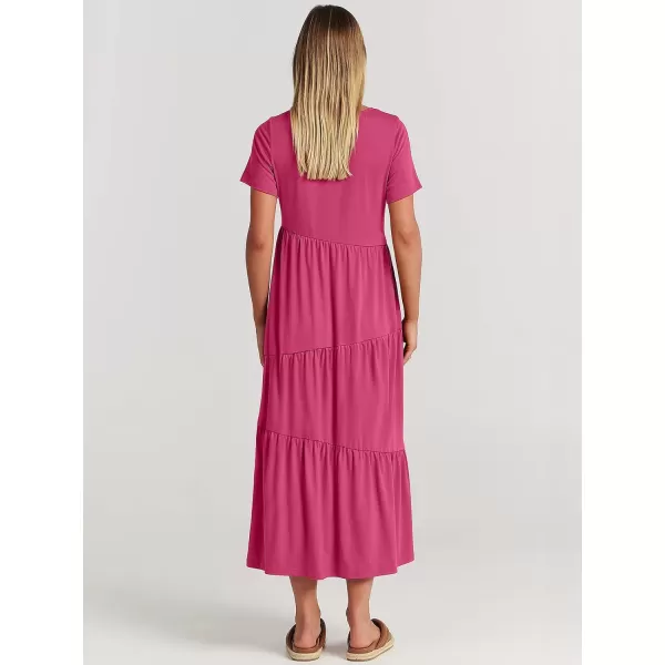 imageANRABESS Womens Summer Casual Short Sleeve Crewneck Swing Maxi Dress Flowy Asymmetric Tiered Beach Dress with PocketsRose