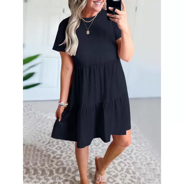 imageANRABESS Womens Summer Casual Short Sleeve T Shirt Dress Tiered Swing Mini Dresses with PocketsNavy Blue