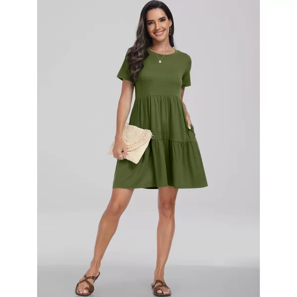 imageANRABESS Womens Summer Casual Short Sleeve T Shirt Dress Tiered Swing Mini Dresses with PocketsOlivegreen
