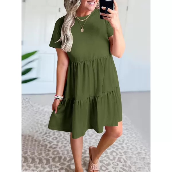 imageANRABESS Womens Summer Casual Short Sleeve T Shirt Dress Tiered Swing Mini Dresses with PocketsOlivegreen