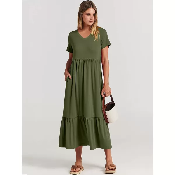imageANRABESS Womens Summer Casual Short Sleeve V Neck Swing Dress Casual Flowy Tiered Maxi Beach Dress with PocketsArmy Green