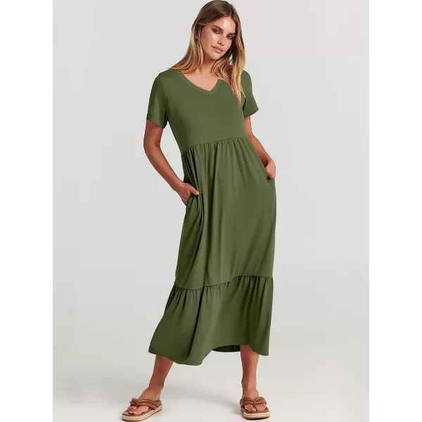 imageANRABESS Womens Summer Casual Short Sleeve V Neck Swing Dress Casual Flowy Tiered Maxi Beach Dress with PocketsArmy Green