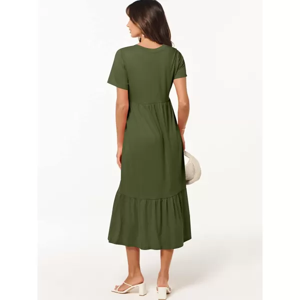 imageANRABESS Womens Summer Casual Short Sleeve V Neck Swing Dress Casual Flowy Tiered Maxi Beach Dress with PocketsArmy Green