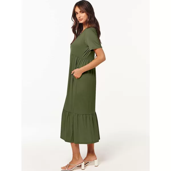 imageANRABESS Womens Summer Casual Short Sleeve V Neck Swing Dress Casual Flowy Tiered Maxi Beach Dress with PocketsArmy Green