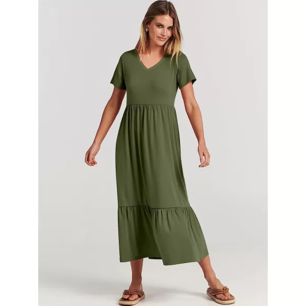 imageANRABESS Womens Summer Casual Short Sleeve V Neck Swing Dress Casual Flowy Tiered Maxi Beach Dress with PocketsArmy Green