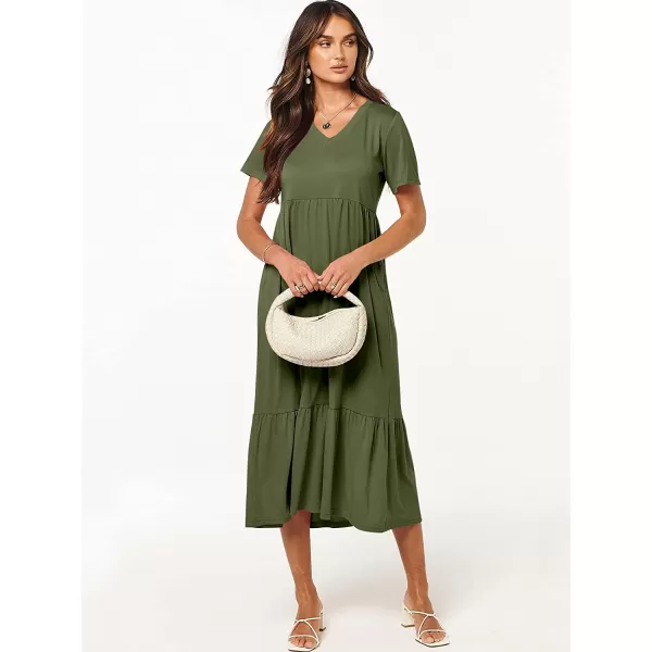 imageANRABESS Womens Summer Casual Short Sleeve V Neck Swing Dress Casual Flowy Tiered Maxi Beach Dress with PocketsArmy Green