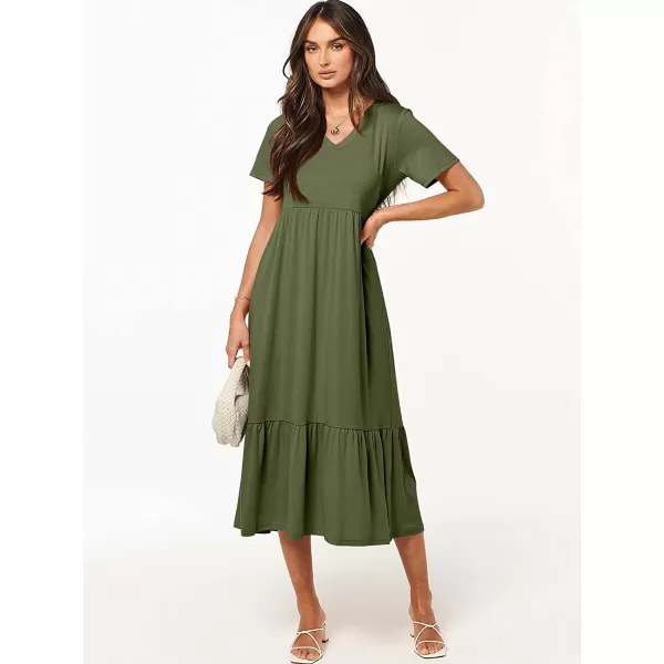 imageANRABESS Womens Summer Casual Short Sleeve V Neck Swing Dress Casual Flowy Tiered Maxi Beach Dress with PocketsArmy Green