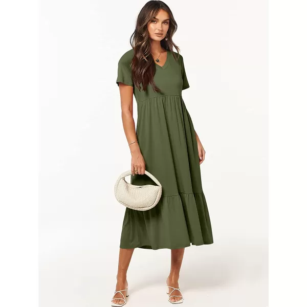 imageANRABESS Womens Summer Casual Short Sleeve V Neck Swing Dress Casual Flowy Tiered Maxi Beach Dress with PocketsArmy Green