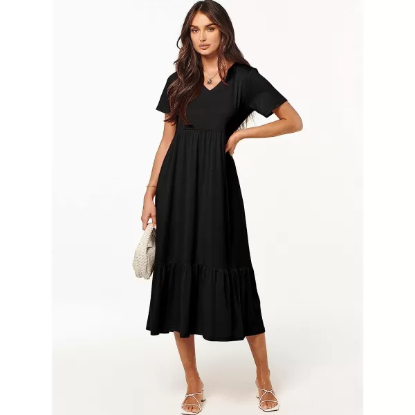imageANRABESS Womens Summer Casual Short Sleeve V Neck Swing Dress Casual Flowy Tiered Maxi Beach Dress with PocketsBlack