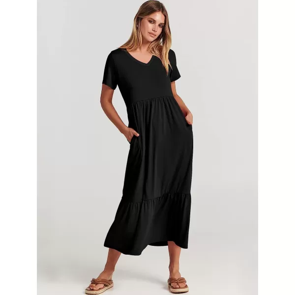 imageANRABESS Womens Summer Casual Short Sleeve V Neck Swing Dress Casual Flowy Tiered Maxi Beach Dress with PocketsBlack