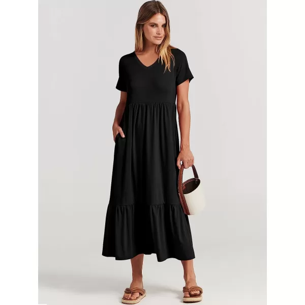 imageANRABESS Womens Summer Casual Short Sleeve V Neck Swing Dress Casual Flowy Tiered Maxi Beach Dress with PocketsBlack