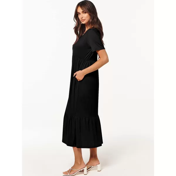 imageANRABESS Womens Summer Casual Short Sleeve V Neck Swing Dress Casual Flowy Tiered Maxi Beach Dress with PocketsBlack