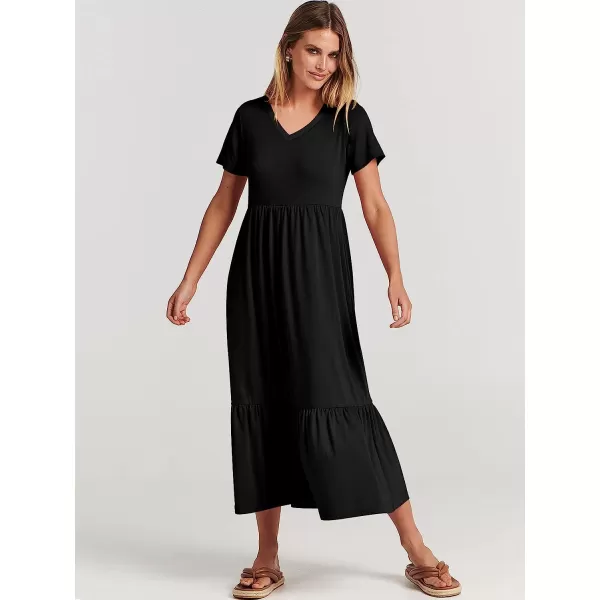 imageANRABESS Womens Summer Casual Short Sleeve V Neck Swing Dress Casual Flowy Tiered Maxi Beach Dress with PocketsBlack