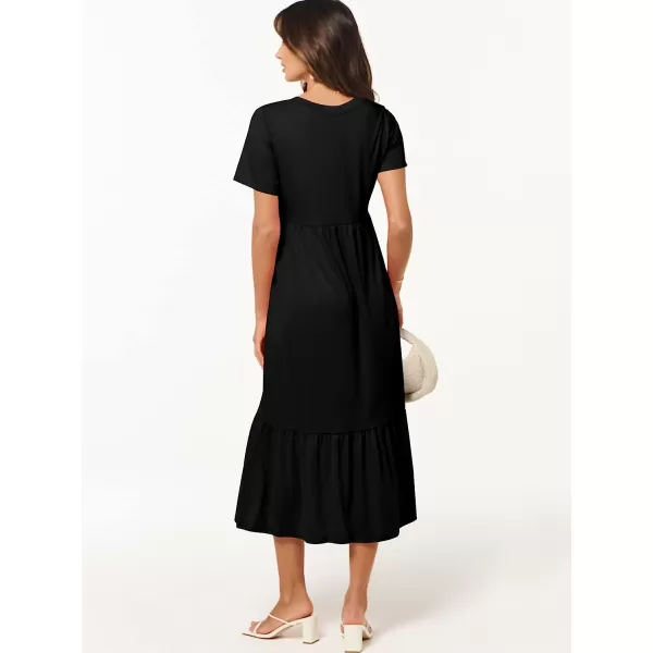 imageANRABESS Womens Summer Casual Short Sleeve V Neck Swing Dress Casual Flowy Tiered Maxi Beach Dress with PocketsBlack