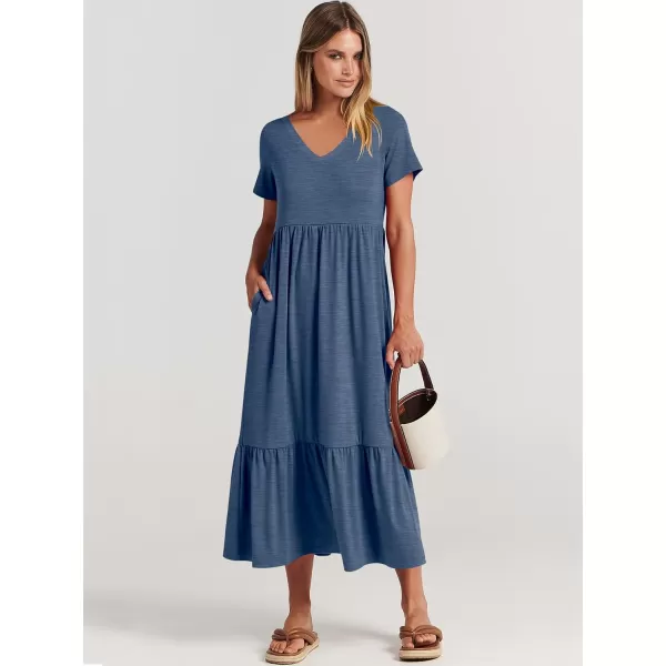 imageANRABESS Womens Summer Casual Short Sleeve V Neck Swing Dress Casual Flowy Tiered Maxi Beach Dress with PocketsBlue