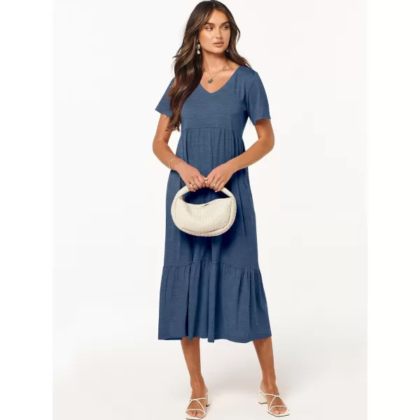 imageANRABESS Womens Summer Casual Short Sleeve V Neck Swing Dress Casual Flowy Tiered Maxi Beach Dress with PocketsBlue