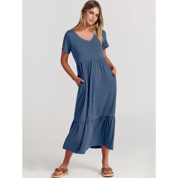 imageANRABESS Womens Summer Casual Short Sleeve V Neck Swing Dress Casual Flowy Tiered Maxi Beach Dress with PocketsBlue