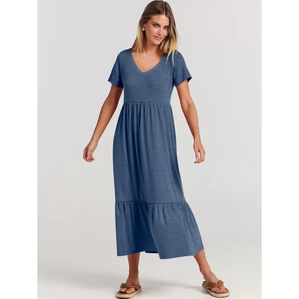 imageANRABESS Womens Summer Casual Short Sleeve V Neck Swing Dress Casual Flowy Tiered Maxi Beach Dress with PocketsBlue