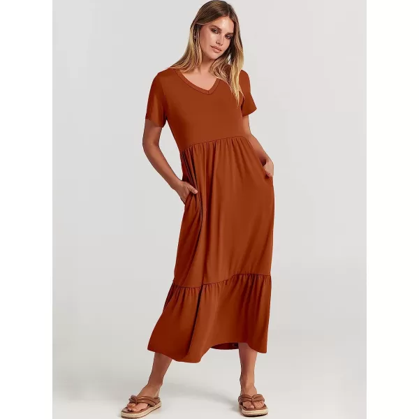 imageANRABESS Womens Summer Casual Short Sleeve V Neck Swing Dress Casual Flowy Tiered Maxi Beach Dress with PocketsBrick Red