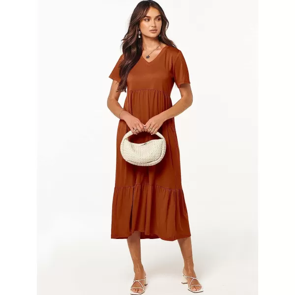imageANRABESS Womens Summer Casual Short Sleeve V Neck Swing Dress Casual Flowy Tiered Maxi Beach Dress with PocketsBrick Red