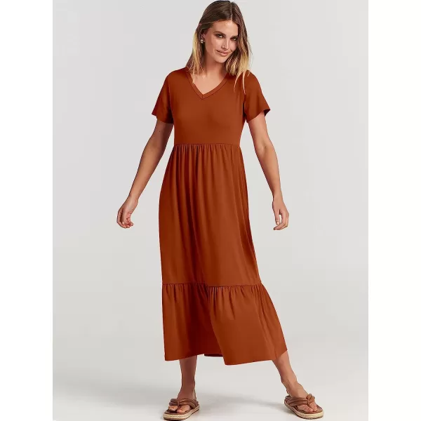imageANRABESS Womens Summer Casual Short Sleeve V Neck Swing Dress Casual Flowy Tiered Maxi Beach Dress with PocketsBrick Red
