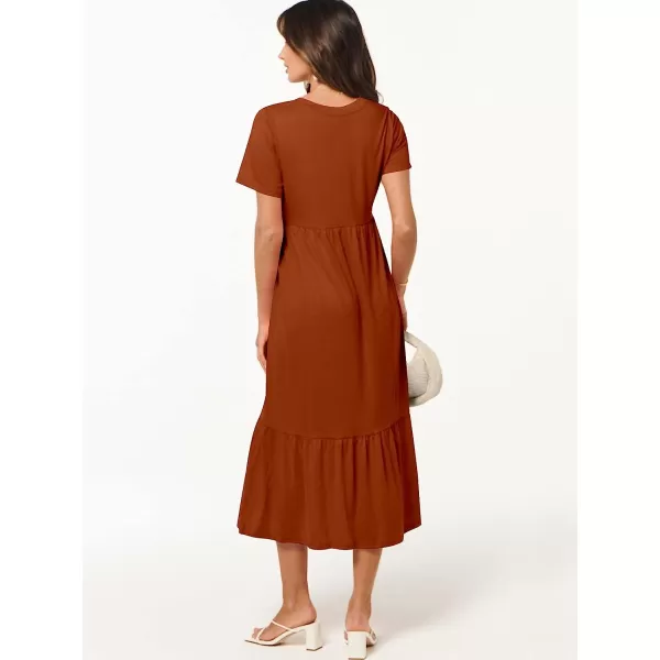imageANRABESS Womens Summer Casual Short Sleeve V Neck Swing Dress Casual Flowy Tiered Maxi Beach Dress with PocketsBrick Red