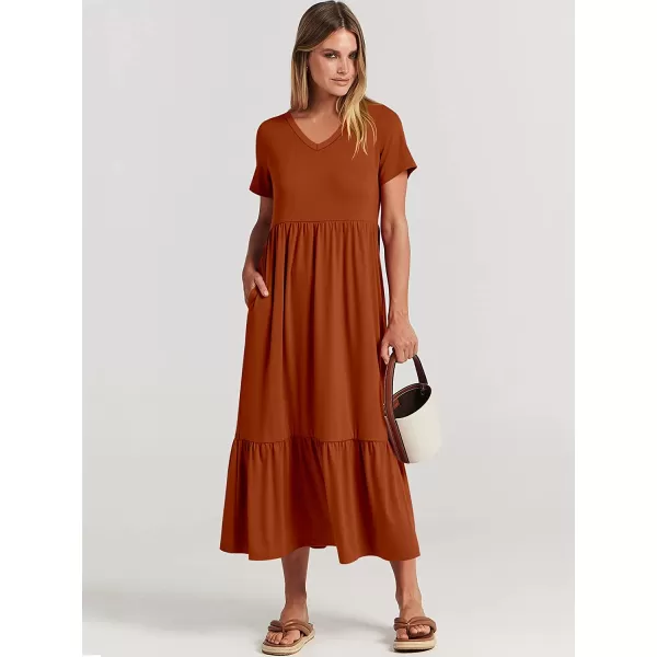 imageANRABESS Womens Summer Casual Short Sleeve V Neck Swing Dress Casual Flowy Tiered Maxi Beach Dress with PocketsBrick Red