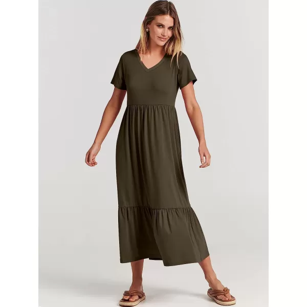 imageANRABESS Womens Summer Casual Short Sleeve V Neck Swing Dress Casual Flowy Tiered Maxi Beach Dress with PocketsBrown