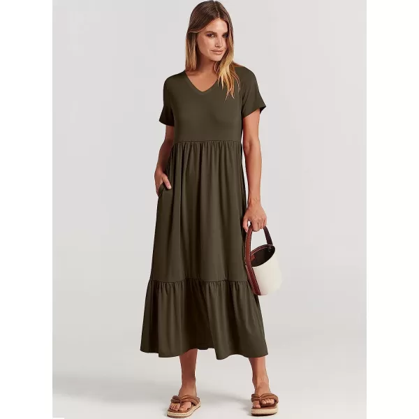 imageANRABESS Womens Summer Casual Short Sleeve V Neck Swing Dress Casual Flowy Tiered Maxi Beach Dress with PocketsBrown