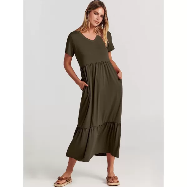 imageANRABESS Womens Summer Casual Short Sleeve V Neck Swing Dress Casual Flowy Tiered Maxi Beach Dress with PocketsBrown