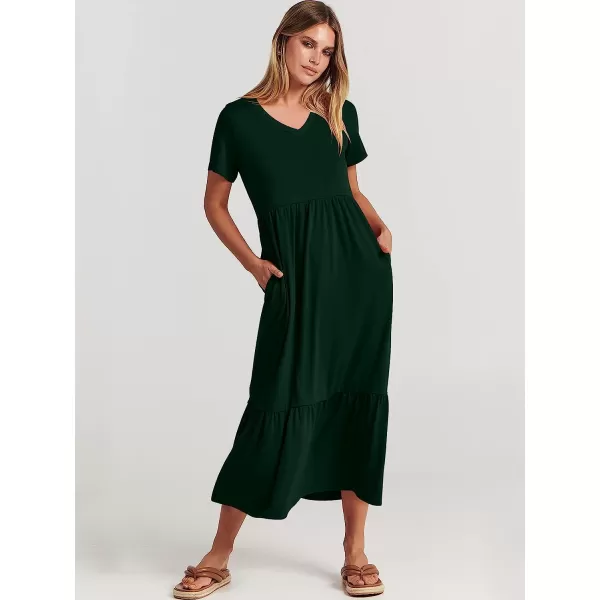 imageANRABESS Womens Summer Casual Short Sleeve V Neck Swing Dress Casual Flowy Tiered Maxi Beach Dress with PocketsDeep Green