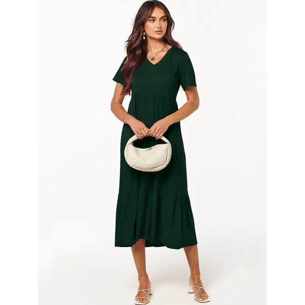 imageANRABESS Womens Summer Casual Short Sleeve V Neck Swing Dress Casual Flowy Tiered Maxi Beach Dress with PocketsDeep Green