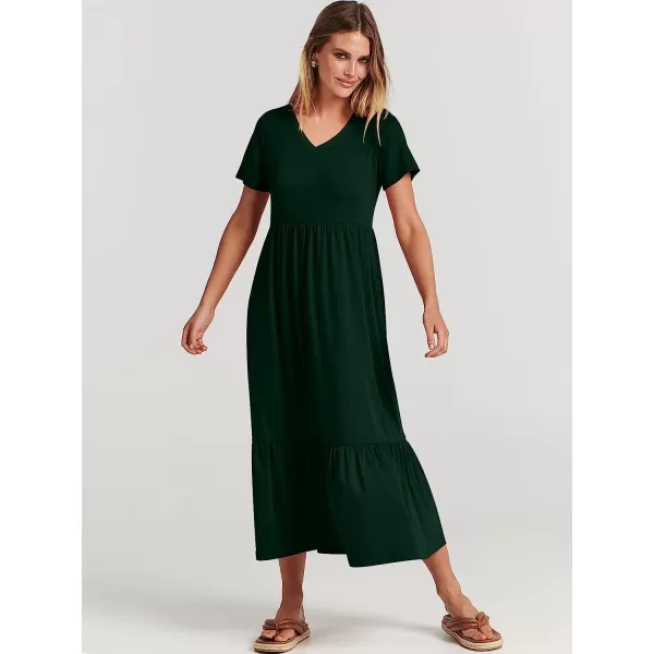 imageANRABESS Womens Summer Casual Short Sleeve V Neck Swing Dress Casual Flowy Tiered Maxi Beach Dress with PocketsDeep Green