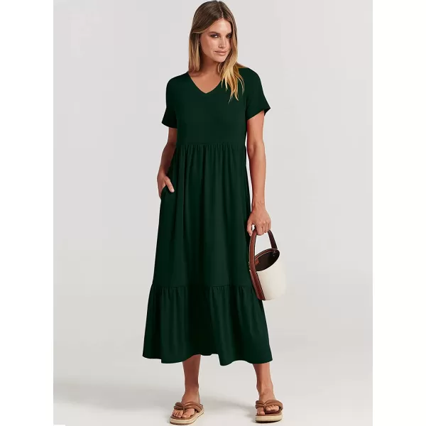 imageANRABESS Womens Summer Casual Short Sleeve V Neck Swing Dress Casual Flowy Tiered Maxi Beach Dress with PocketsDeep Green
