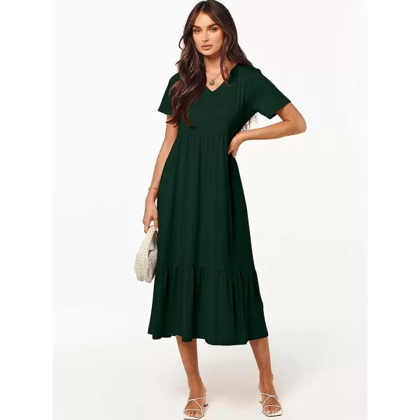 imageANRABESS Womens Summer Casual Short Sleeve V Neck Swing Dress Casual Flowy Tiered Maxi Beach Dress with PocketsDeep Green